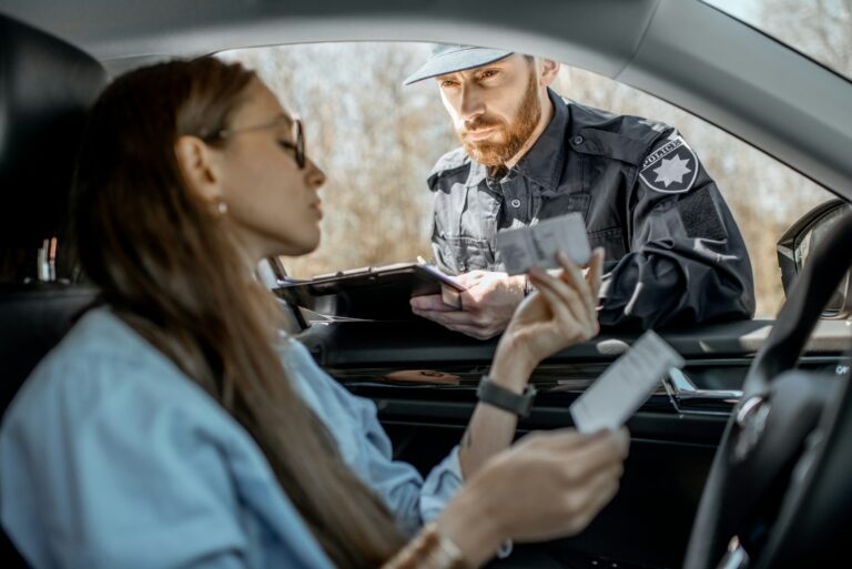 Policeman checking documents of a female driver